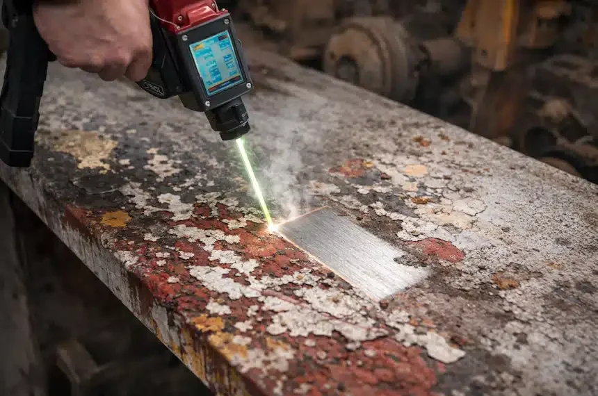 Laser fjerner gammel maling fra stålbjælke